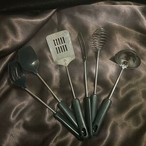 Vintage Green Handle Large Utensil Set of 6-Unbranded